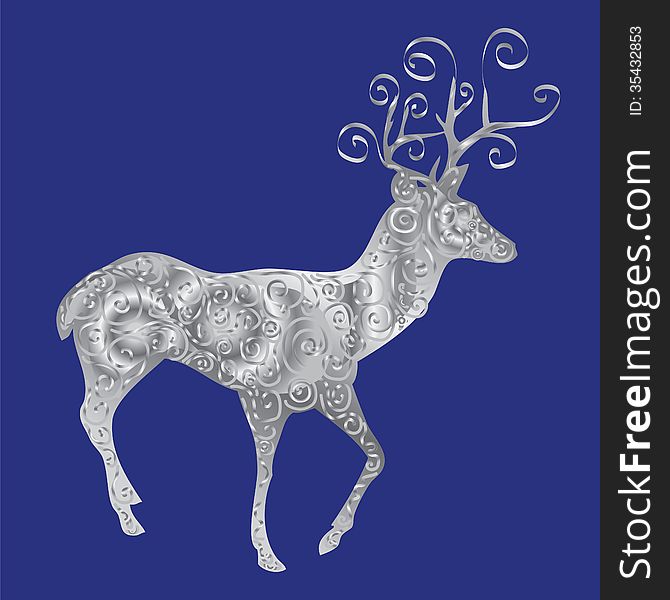 Silver silhouette of a deer on a blue background.decorative deer.