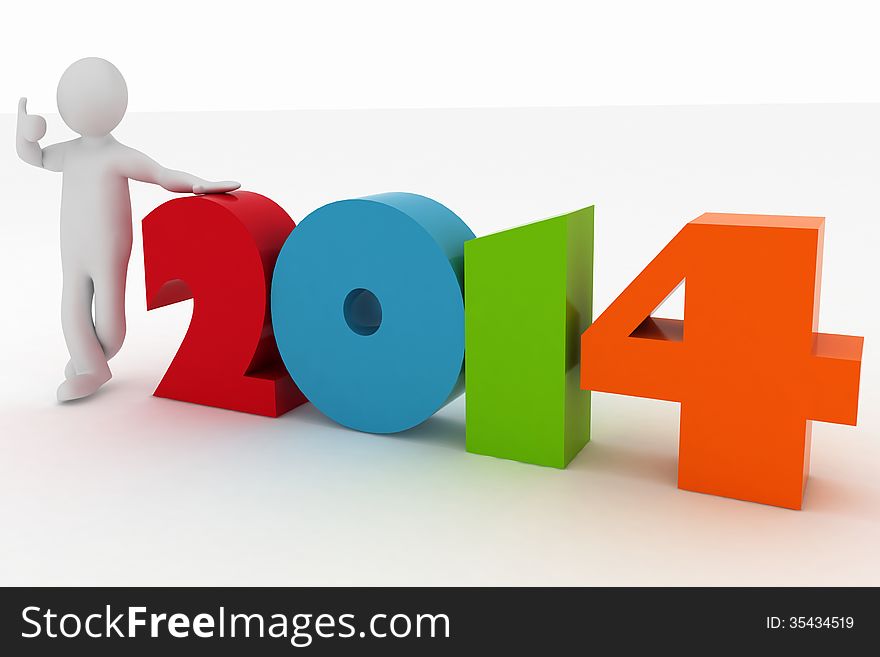 Man presenting new year 2014. 3d illustration rendering on white background