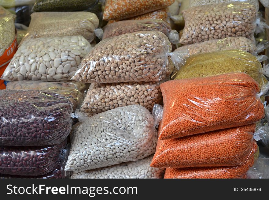 Market stand with set of legumes