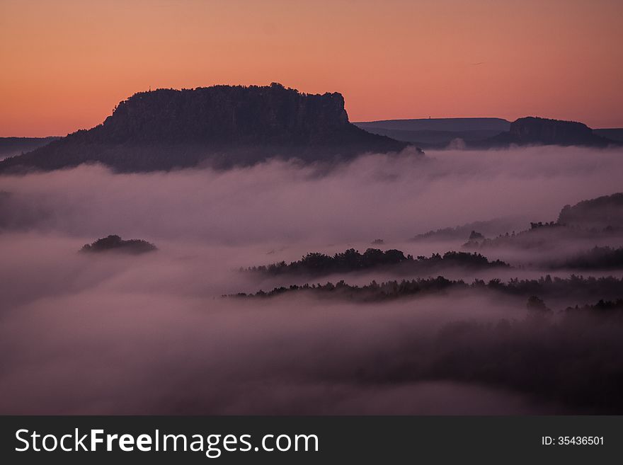 Landscape with fog in the valley.