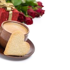Coffee, Cookie In The Shape Of Heart, Gift And Roses Royalty Free Stock Photo Coffee, Cookie In The Shape Of Heart, Gift And Roses Royalty Free Stock Photo