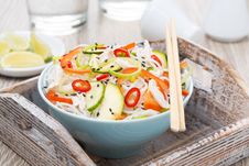 Thai Salad With Vegetables, Rice Noodles And Chicken In A Bowl Stock Image