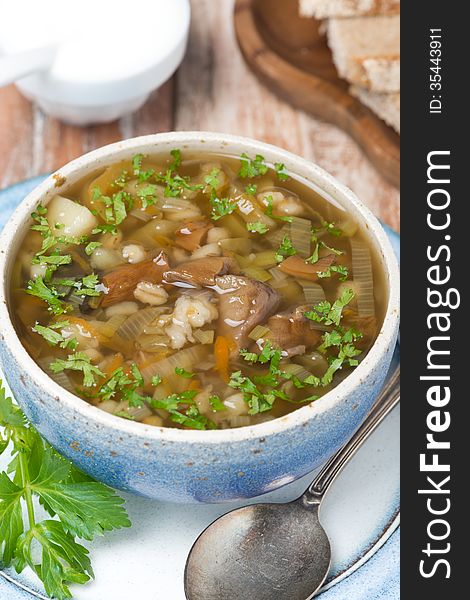 Bowl of mushroom soup with pearl barley, top view, vertical