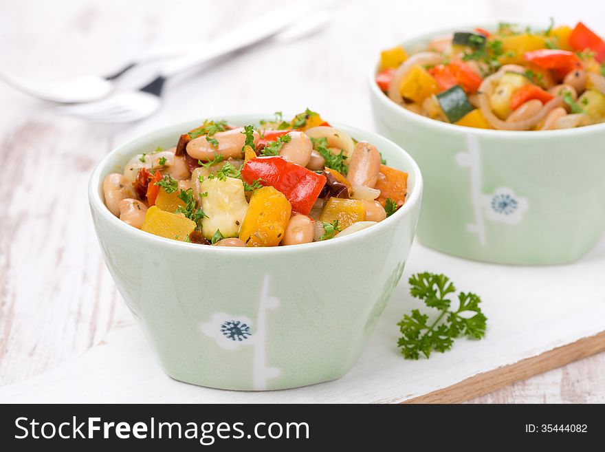 Vegetable stew with white beans, close-up