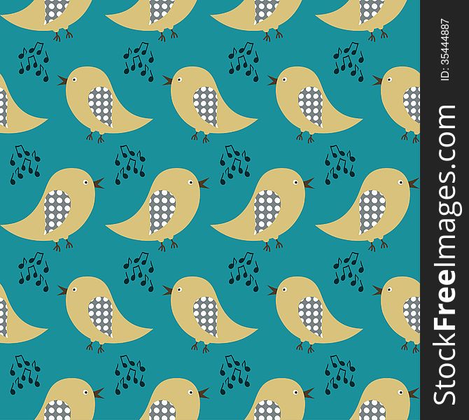 Seamless pattern with singing birds on a dark back