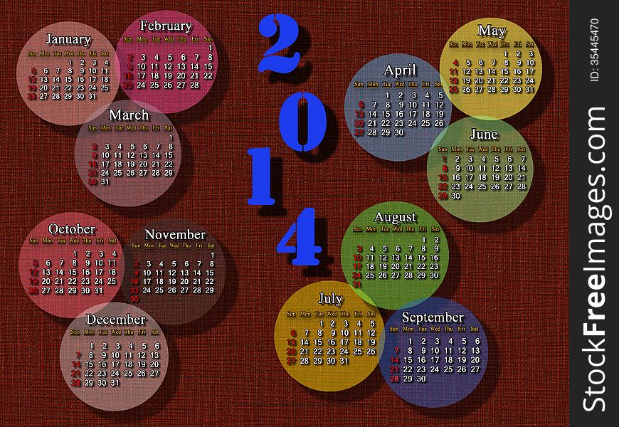 Accurate calendar for 2014 year on the brown background