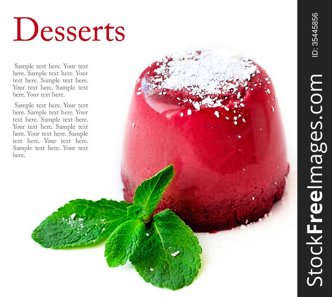 Dessert - cherry pannacotta with mint leaves