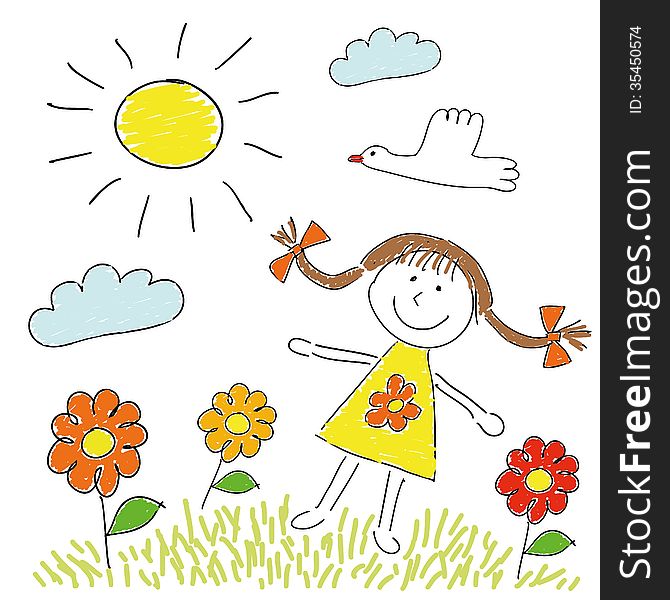 Childish Cartoon Drawing of a girl on a meadow