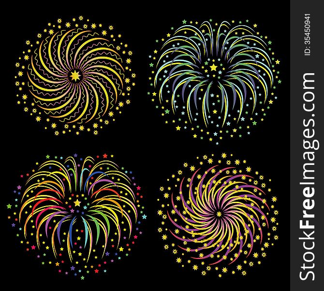 Set of bright colorful stylized fireworks on black background. Set of bright colorful stylized fireworks on black background