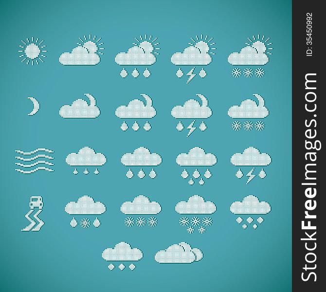 Pixel weather icons on blue vintage background. Pixel weather icons on blue vintage background