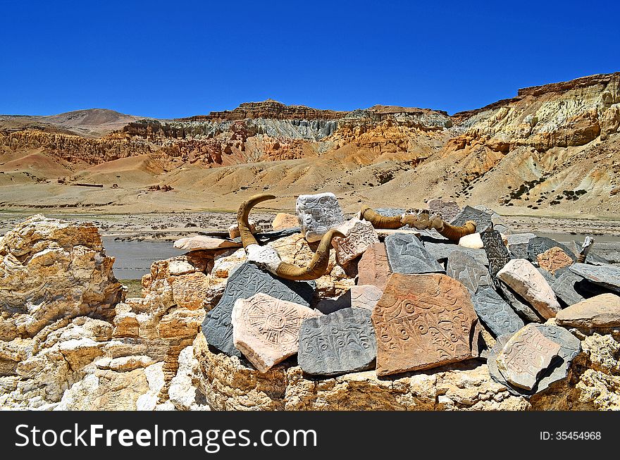 Tibet. In The Buddhist Monastery On The Rocks Written Prayers