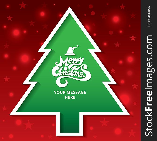Green Christmas tree on red background for your message. illustration