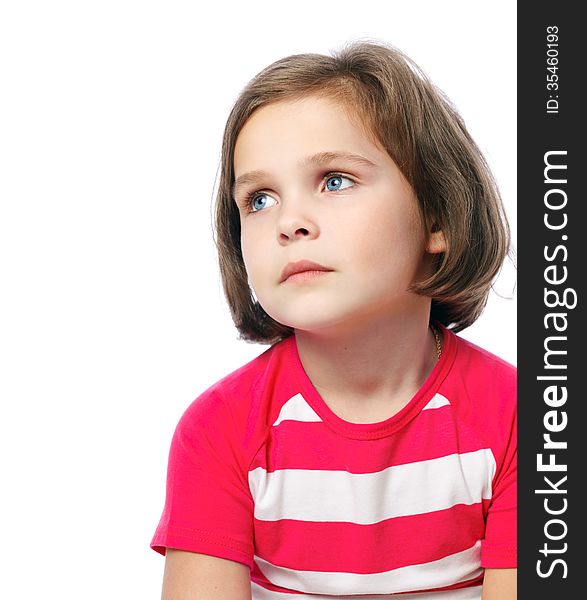 Portrait of a pretty little girl in red shirt on a white backgro