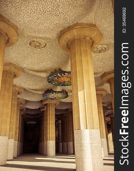 Ceiling of the common-room one hundred column in the park Guell, Barcelona. Catalonia. Spain Vintage retro style