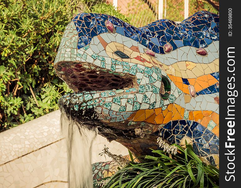 Lizard in Park Guell in Barcelona, Spain.Vintage retro style