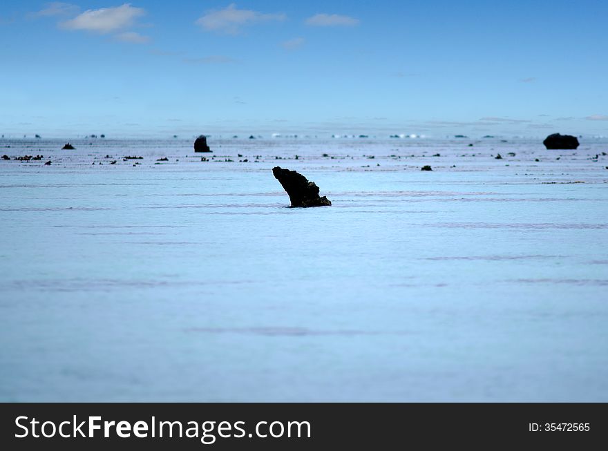 Landscape view of black basalt volcanic rocks in Arutanga island in Aitutaki Lagoon Cook Islands. Landscape view of black basalt volcanic rocks in Arutanga island in Aitutaki Lagoon Cook Islands.