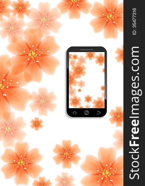 Picture of mobile phone on background with flowers. Picture of mobile phone on background with flowers