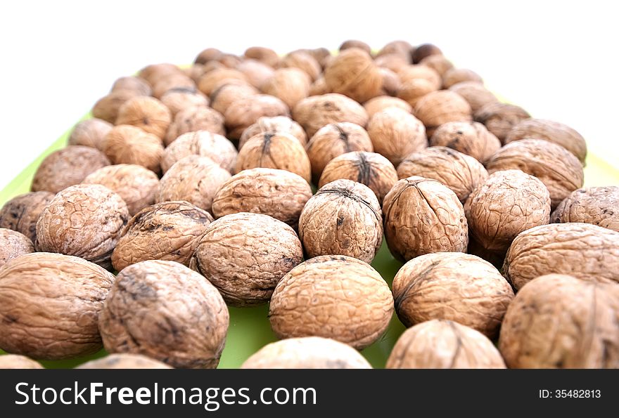 A display of a bunch of walnuts