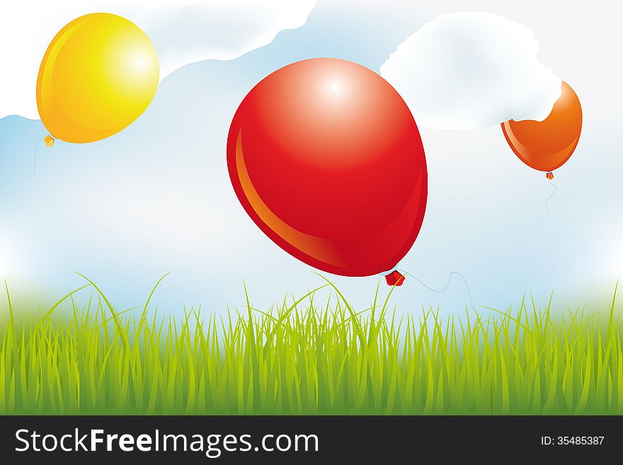 Balloons over meadow in clouds - eps 10 vectors