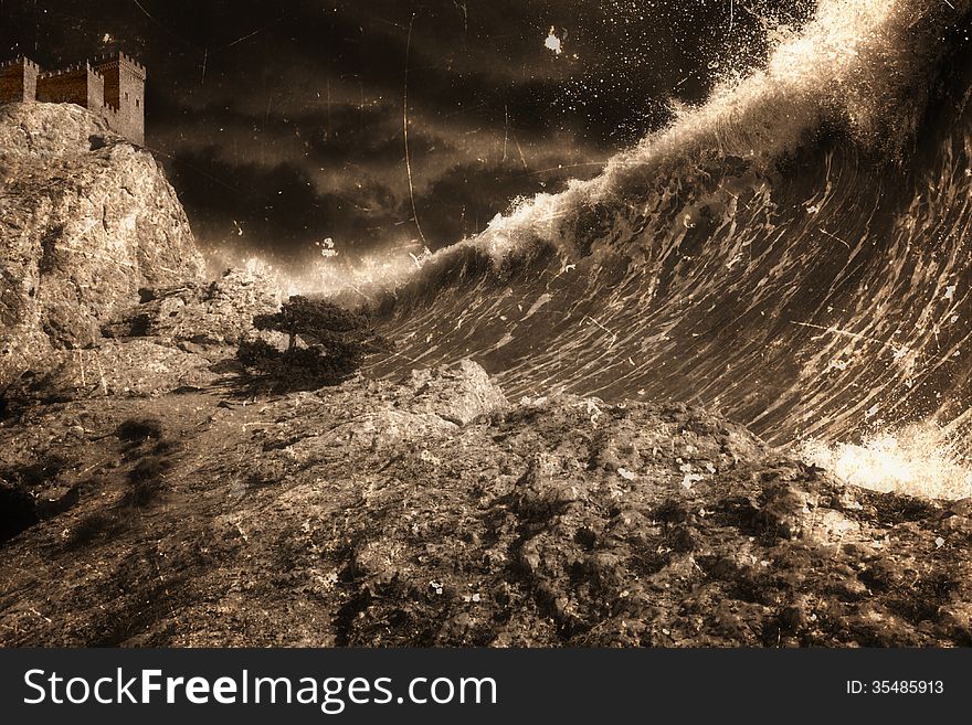 Apocalyptic dramatic background - giant tsunami waves, old fortress, tower. Dark stormy sky. Apocalyptic dramatic background - giant tsunami waves, old fortress, tower. Dark stormy sky.
