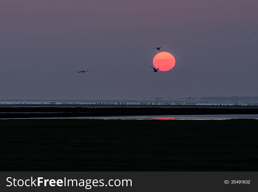 Sunset over the Waddensea behind the