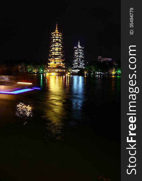 Chinese Pagoda night lights riverside
