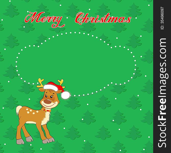 Greeting Christmas card with a little deer on the background of trees. Greeting Christmas card with a little deer on the background of trees