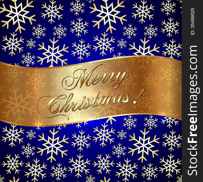Vector Blue Background with Snowflakes and Greeting Ribbon