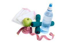 Dumbells, Apple And Measuring Stock Images Dumbells, Apple And Measuring Stock Images