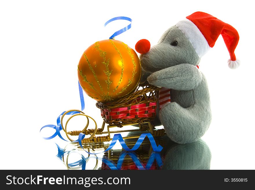 Christmas decoration with mouse isolated On White