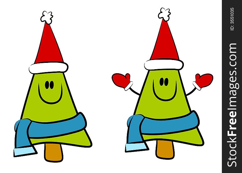 A clip art illustration of your choice of 2 smiling Christmas tree cartoon characters wearing red hats, blue scarves and one with mittens isolated on white. A clip art illustration of your choice of 2 smiling Christmas tree cartoon characters wearing red hats, blue scarves and one with mittens isolated on white