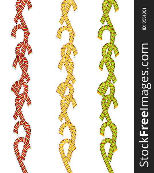 A clip art illustration of your choice of 3 candy cane page borders - red, gold and green isolated on white. A clip art illustration of your choice of 3 candy cane page borders - red, gold and green isolated on white