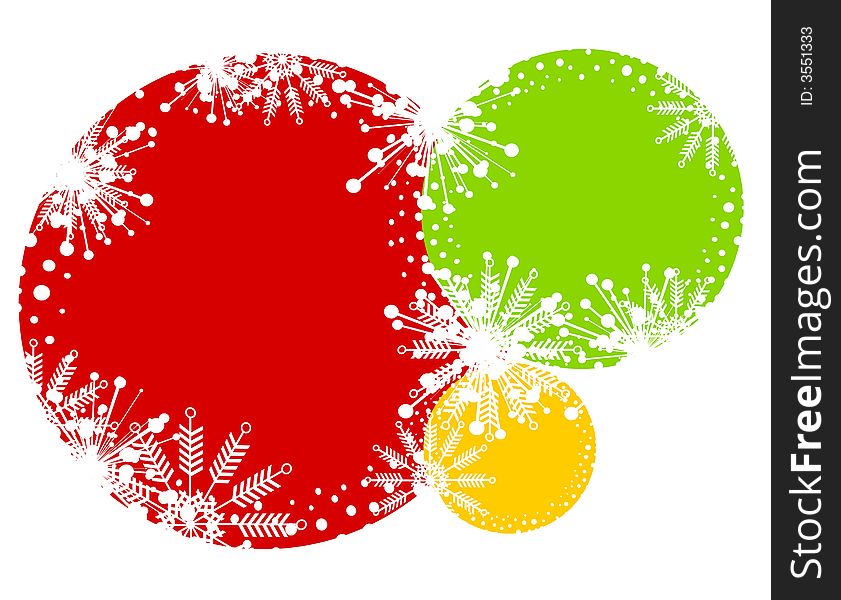 A background illustration featuring snowflake decorated circles or ornaments in red green and yellow. A background illustration featuring snowflake decorated circles or ornaments in red green and yellow