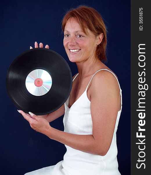 Lady with vinyl record and cd  music. Lady with vinyl record and cd  music