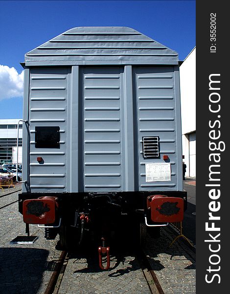 Cargo van. Train wagon at railway station