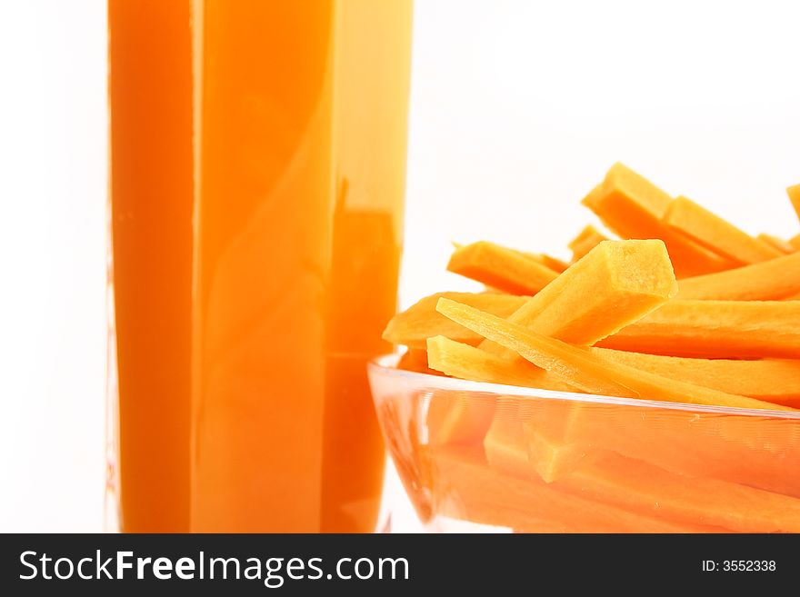 Fresh carrot juice isolated white background