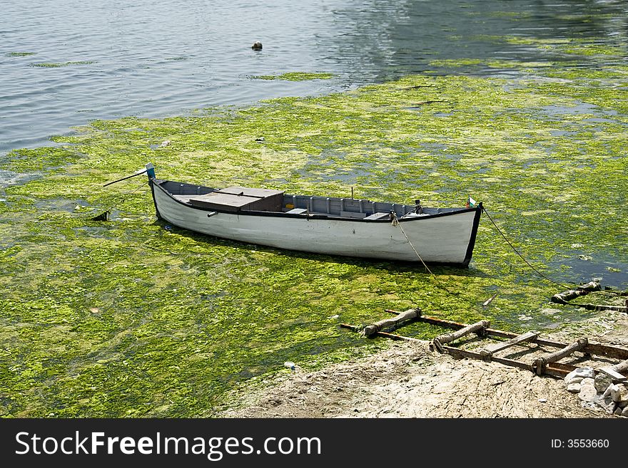 Old ship on the beach, big stones and weed