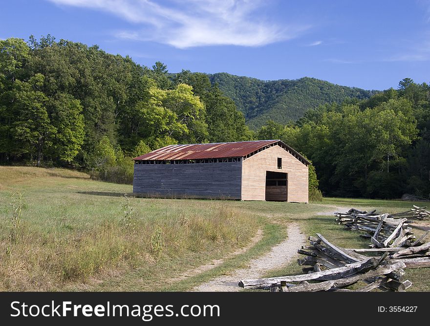 Old Barn and Split Rail Fence Tipton Place in Cades Cove, North Carolina