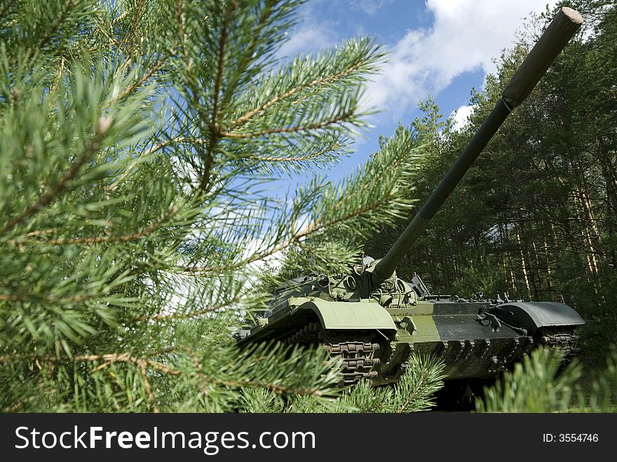 A Soviet T55 tank concealed in a northern forest. A Soviet T55 tank concealed in a northern forest.