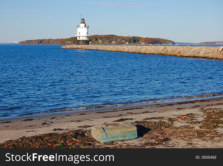 Spring Point Ledge lighthouse, on the end of a long breakwater in Portland, Maine. Spring Point Ledge lighthouse, on the end of a long breakwater in Portland, Maine.