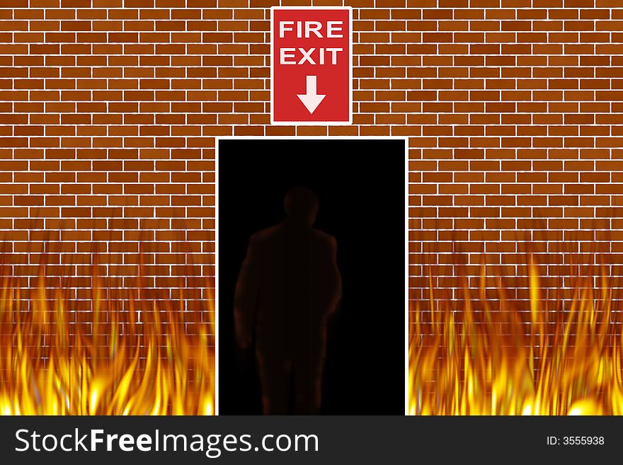 Fire exit sign with fire