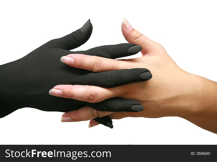 Two hands, one black and one white, with fingers interlaced. Two hands, one black and one white, with fingers interlaced.