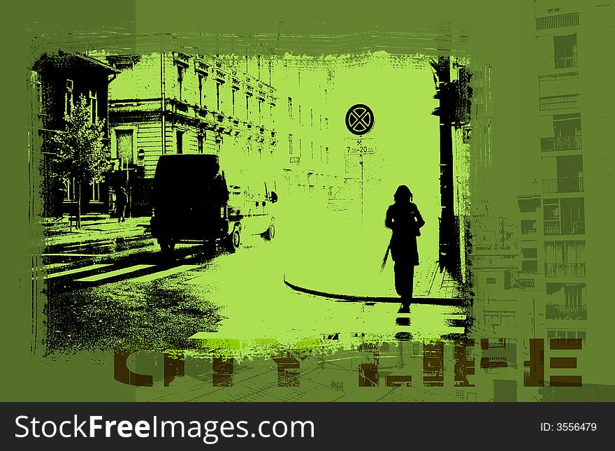 City Life grunge illustration with green tones