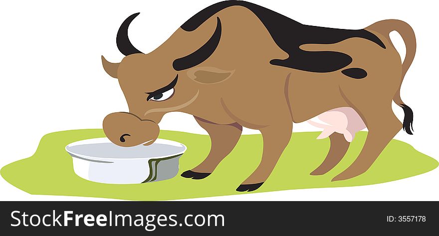 Illustration of a cow feeding from vessel in a green valley