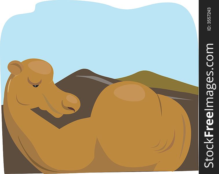 Illustration of a camel lying in a desert