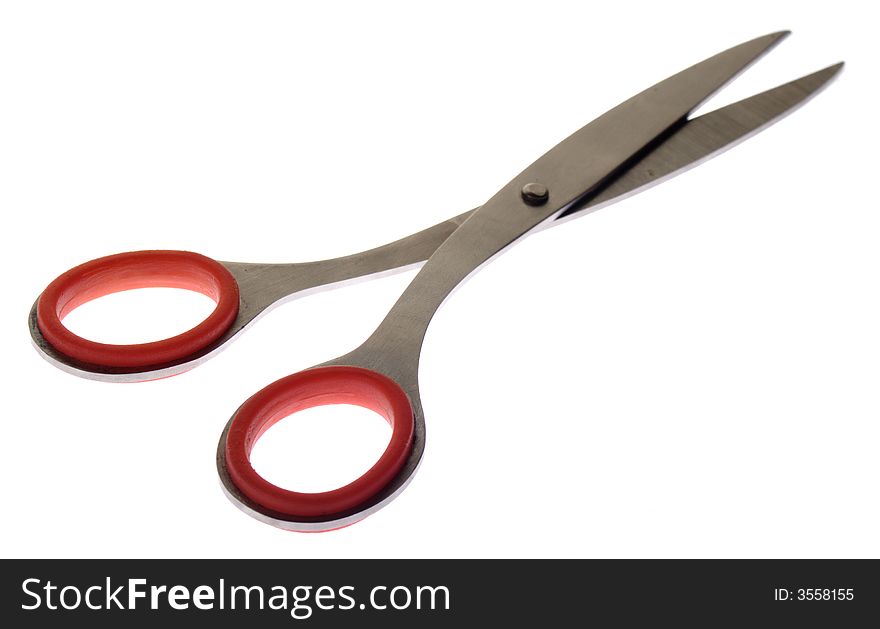 Scissors steel with red rings on a white background separately