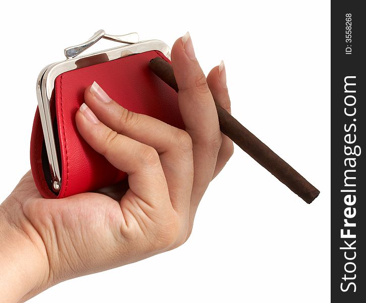 A hand holding a cigar and a red coin purse