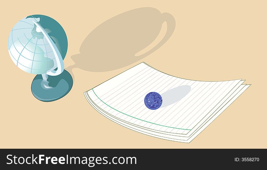 Illustration of  table with a globe, few papers and a paperweight