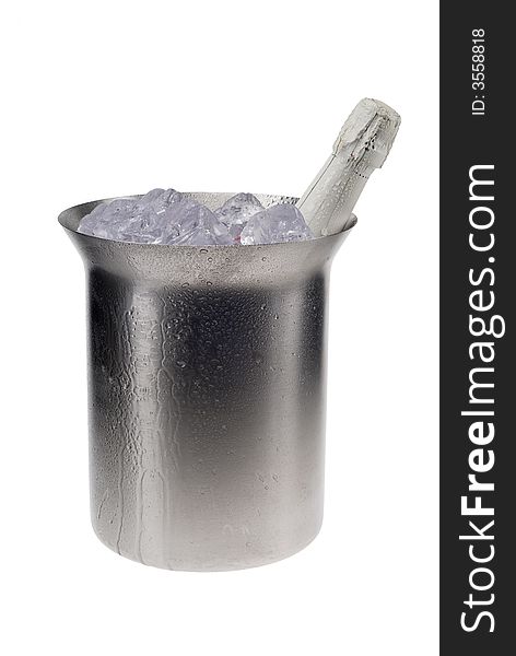 Champagne cooler filled with ice and bottle isolated on a white background. Champagne cooler filled with ice and bottle isolated on a white background