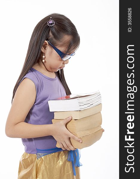 A girl carrying books over a white background